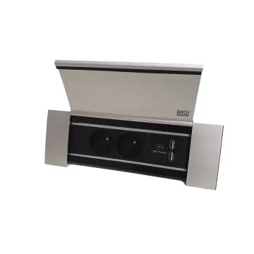 Powerframe à couvercle, 2 prises 230 V avec broche de terre, 2 ports USB, gris argenté