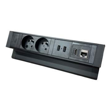 Bloc Exit de bureau, noir, en saillie, 2 prises, 2 ports USB, 1 port CAT6, 1 connexion HDMI