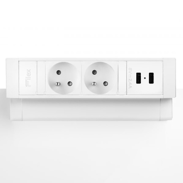 Multiprise de bureau EXIT, en saillie, 2 prises et 2 ports USB, blanche