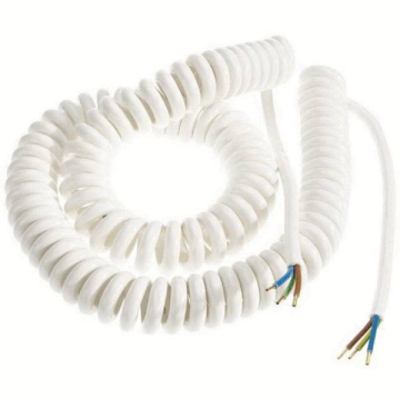Câble spiralé blanc PVC, 150-600 cm, dénudé aux 2 extrémités, 1,5 mm2